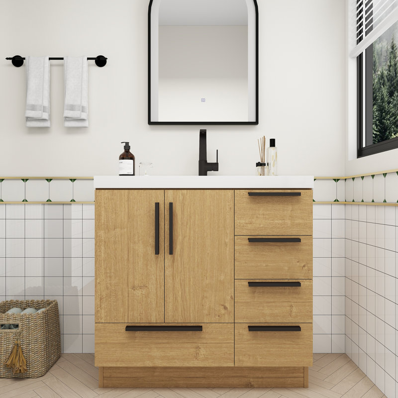 Meuble-lavabo autoportant avec tiroirs à droite Carla, Chêne naturel, 35"