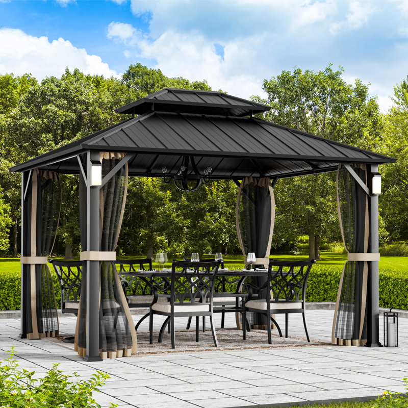 Horizon 10' x 12' Hard Top Gazebo With Solar Self Powered LED Lights, Mosquito Netting and Canopy Hook, Black