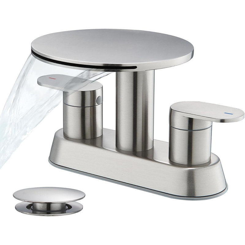 Waterfall Bathroom Sink Faucet 3 Hole Brushed Nickel,Modern 2 Handle Vanity Faucet For Bathroom Sink 4 Inch Centerset With Round Shelf & Metal Pop-Up Drain