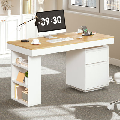 55'' Modern Computer Desk With Drawers, Wooden Executive Desk With File Drawer and Charging Station, 3-tier Open Side Shelf