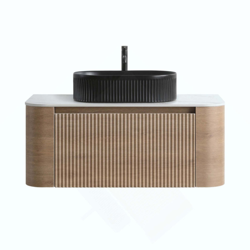 Meuble-lavabo de salle de bain avec lavabo, armoire murale avec porte-serviettes gratuit, conception de lavabo simple en céramique à rayures ovales, sans bonde ni robinet, pré-assemblé