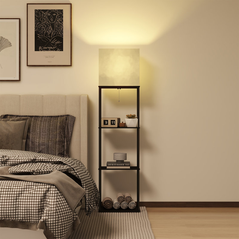 4 Tier Shelf Floor Lamp with Large Size, Floor Lamp with Shelves with 3 Color Temperature, Modern Wood Storage Disaplay Standing Lamp with Linen Shade for Living Room, Bedroom, Office(Black)