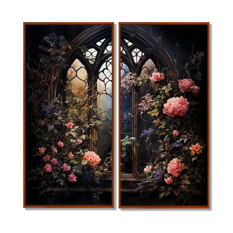 «Floral Window», art mural 2 pièces, H 32 po x l 32 po, Impression encadrée flottante, Brun