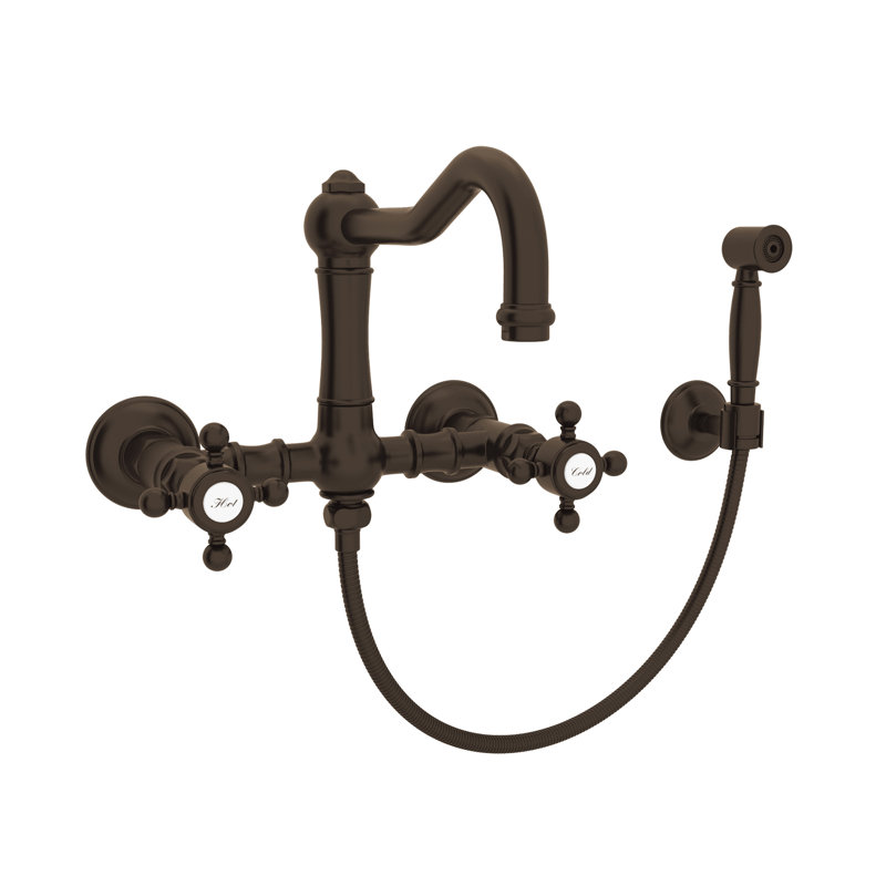 Acqui Wall Mount Bridge Kitchen Faucet With Sidespray And Column Spout, Tuscan Brass, Lever Handle