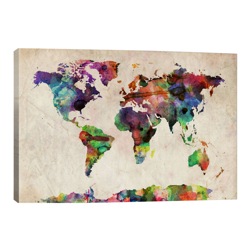« world map urba aquarelle ii » par michael tompsett, impression, H 12 po x l 18 po x P 1,5 po, Toile