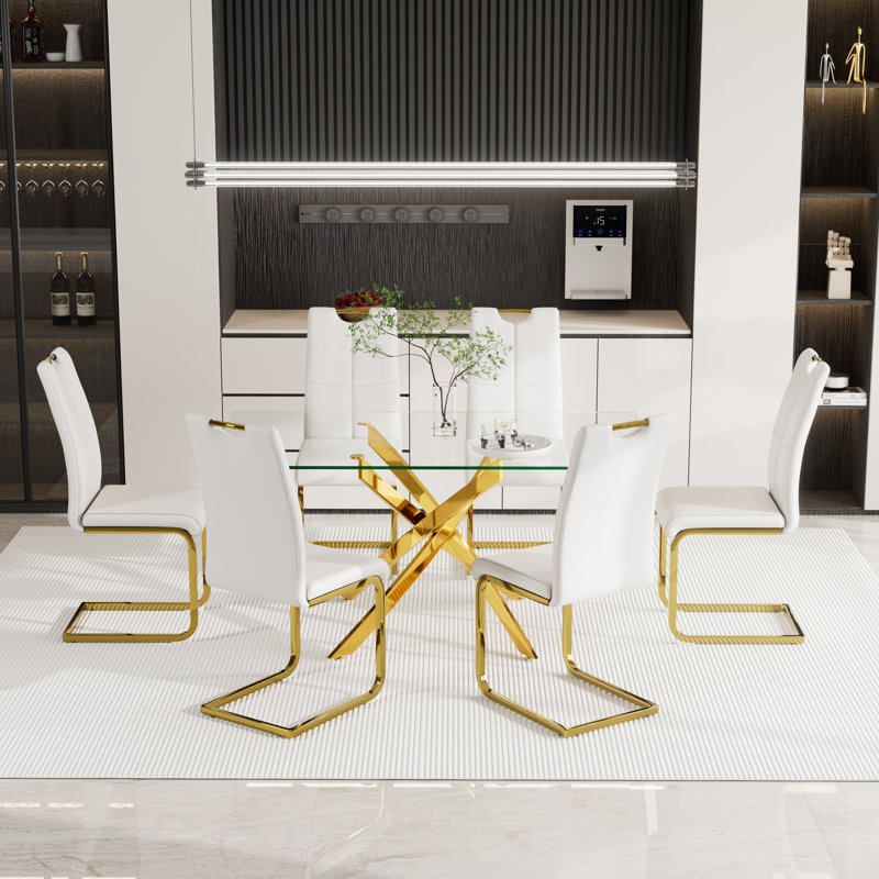 Gracieleigh Glass Top Pedestal Dining Set, Gold, White/Gold, 7