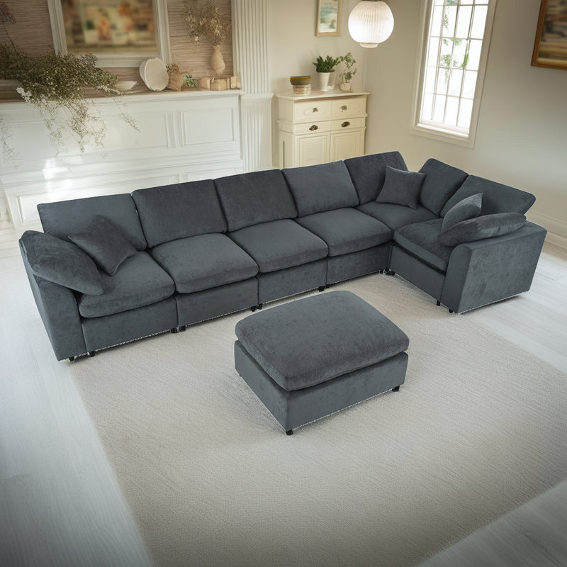 Canapé modulaire 124,8 po à 7 places avec repose-pieds en chenille 124,8 po, Gris chenille