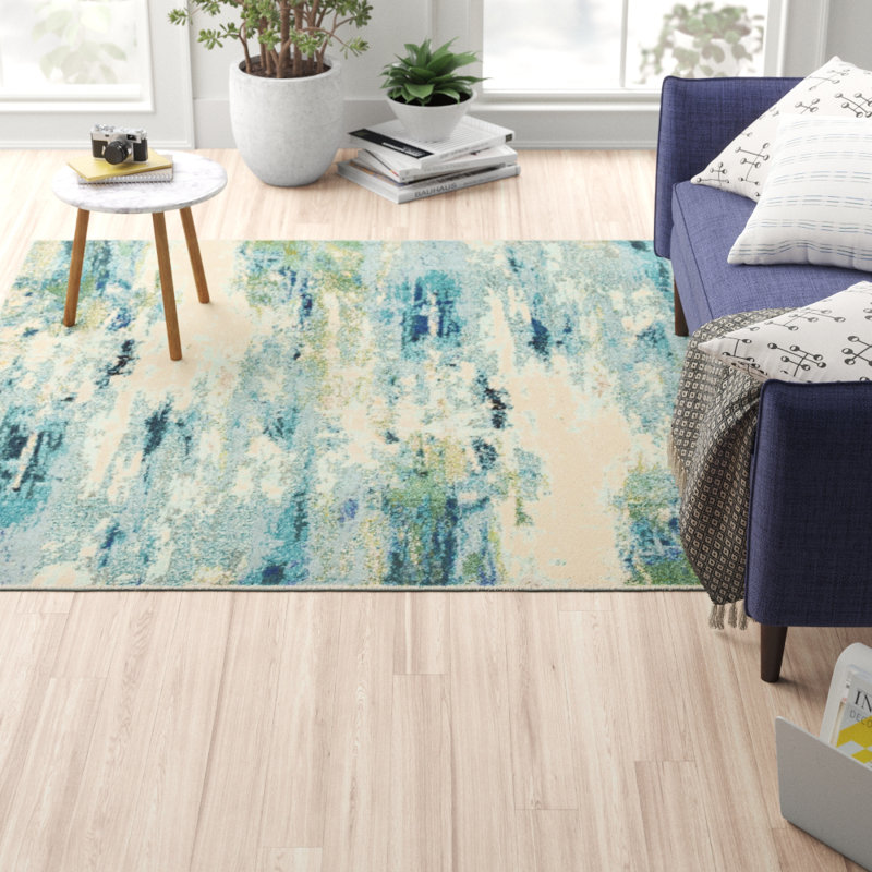 Tapis bleu clair tissé à la machine à motif abstrait Keimar, Rectangle 10 pi 6 po x 16 pi 5 po