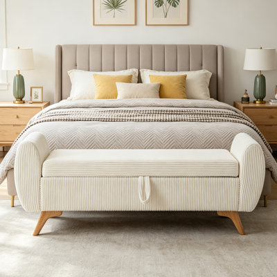Banc de rangement 57 po avec pieds en bois massif, banc rembourré en velours côtelé pour chambre à coucher, couloir et entrée