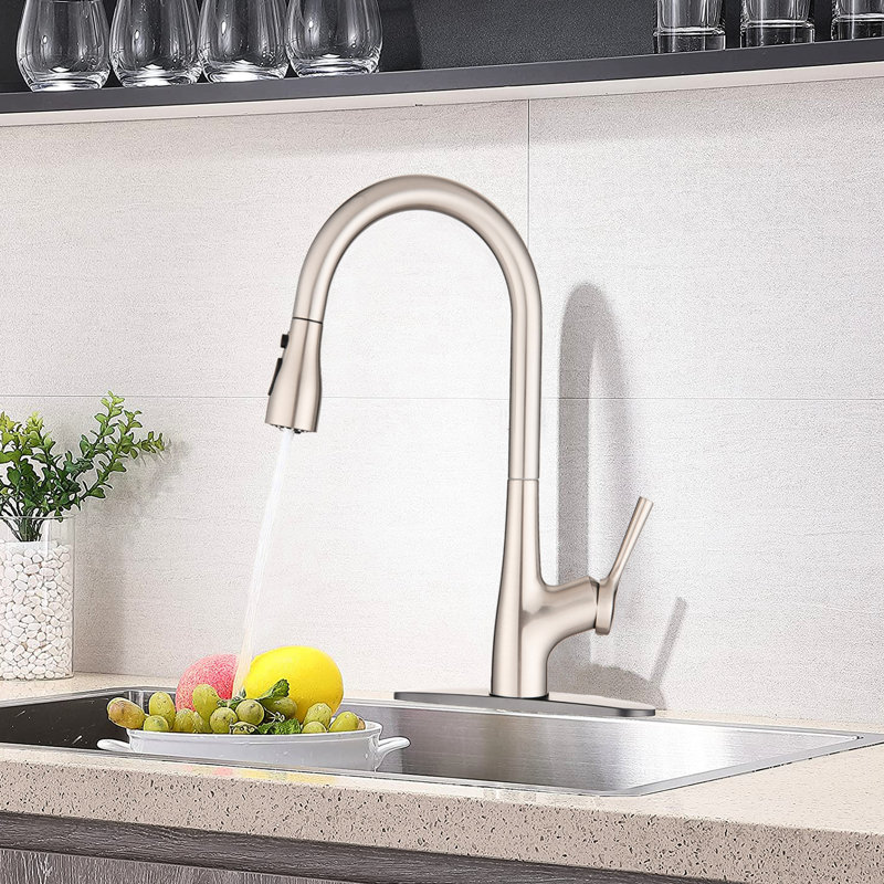 Single Handle Pull Down Kitchen Sink Faucet With Brushed Nickel Finish, Rust , Three - Function For Washing And Filling, High Class Brass Body, Suitable Kitchens, 8.03" Spout Reach Faucet, Scratch
