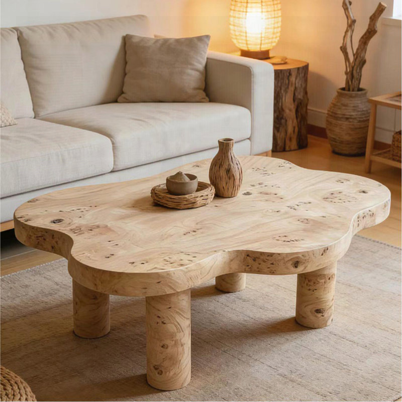 table basse en forme de nuage avec 4 pieds ronds, convenant aux salons, Bois naturel