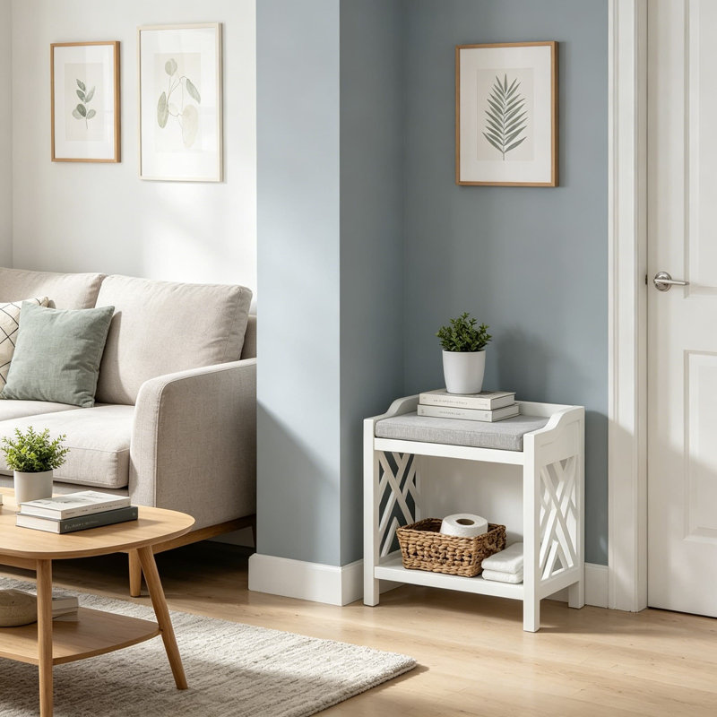 Banc avec coussin Coventry, banc d'entrée en bois de pin avec tablette de rangement, porte-chaussures, fauteuil de coiffeuse ou organisateur de salle de bain, structure blanche avec coussin gris
