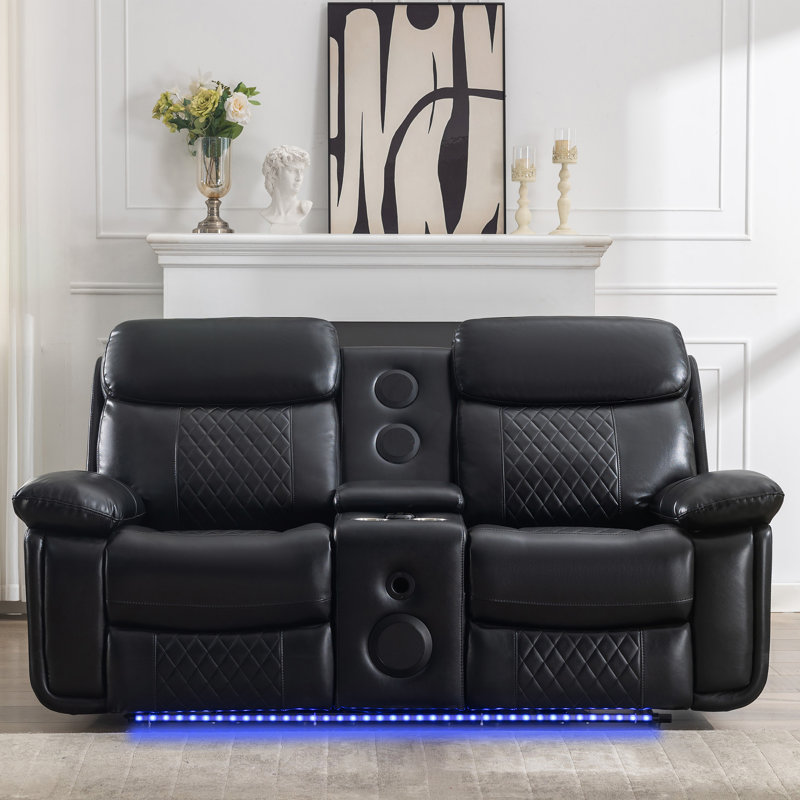 Heaney 76.7" Wide Faux Leather Power Loveseat with Speaker and LED, Black Faux Leather