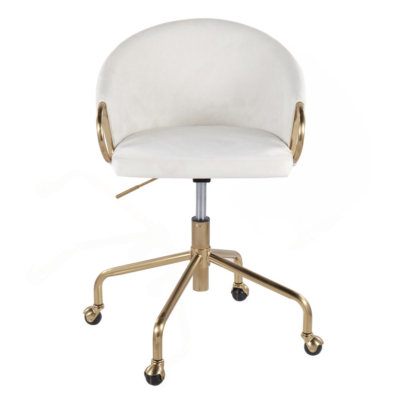 Chaise de travail en métal doré et velours crème, Crème, or