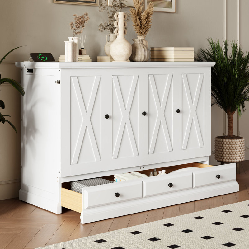 Armoire Westmere Murphy avec station de charge et tiroir de rangement, Blanc, Grand lit