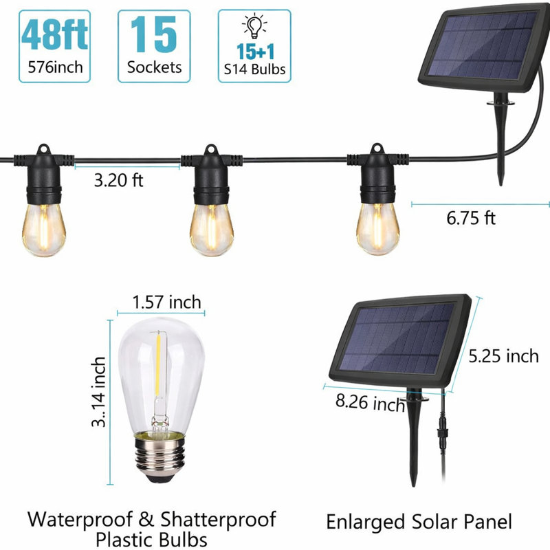 Guirlande de 48 ampoules à énergie solaire de 48 pieds standard, incassable, résistante aux intempéries, allumée / éteinte du crépuscule à l'aube