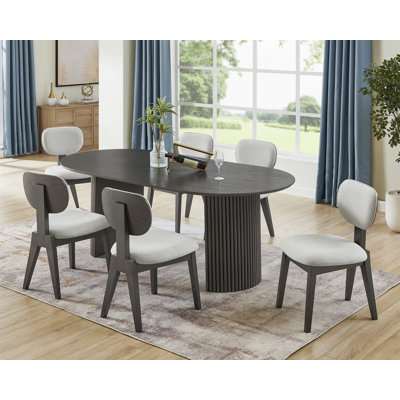 Venezia 7-Piece 80" Oval Gray Oak Finish Dining Set With Dual Pedestal Base & Light Gray Fabric Upholstered Chairs
