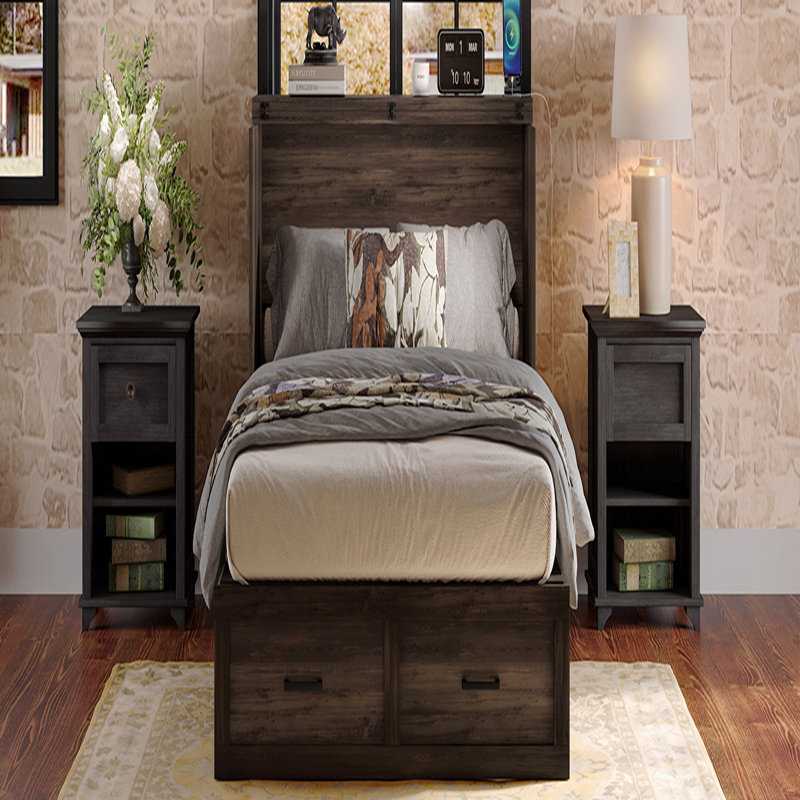 Structure de lit double escamotable de style campagnard pleine grandeur avec station de charge, cadre de lit plateforme pliable avec grand tiroir de rangement pour chambre d'amis, petit lit de chambre à coucher, gris rustique