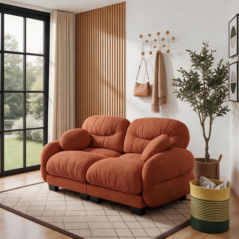 Canapé modulable deux places en chenille plissée avec siège ergonomique en mousse, accoudoirs incurvés et 2 coussins décoratifs