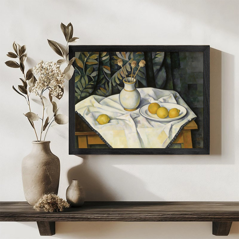 Reproduction d'art encadré noir, nature morte avec un rideau, H 13 po x l 17 po