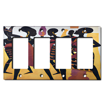 Native African Culture Women Beige Copper Rust Patina Teal Print 4 - Gang Toggle Light Switch Standard Wall Plate