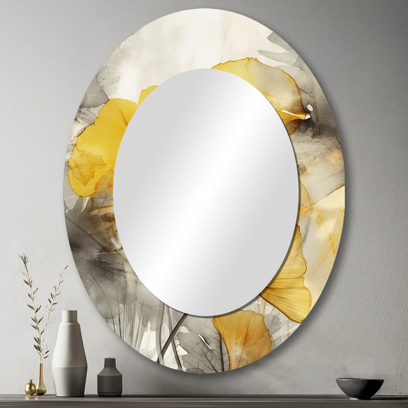 Palm Tropical Ginkgo Artwork III - Large Oval Wall Mirror On Metal, 43" x 33"
