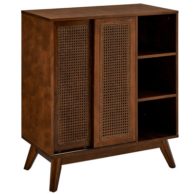 Mid Century Modern Rattan Sideboard Cabinet, Buffet Cabinet for Entryway Hallway Living Room Kitchen Dining Room, Adjustable Shelf & Solid Wood Feet & Rattan Cabinet Doors