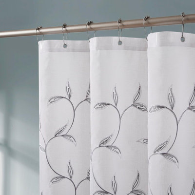 Sheer Faux-Linen Shower Curtain Panel With Rustic Stitched Leaf Embroidery