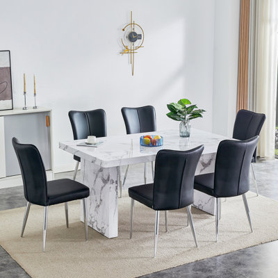 Dining Table Set, Marble Dining Table Set For 4, 63" White Marble Pattern MDF Tabletop And Legs, 4 PU Leather Kitchen Chairs With Chrome Plated Metal Legs For Kitchen.
