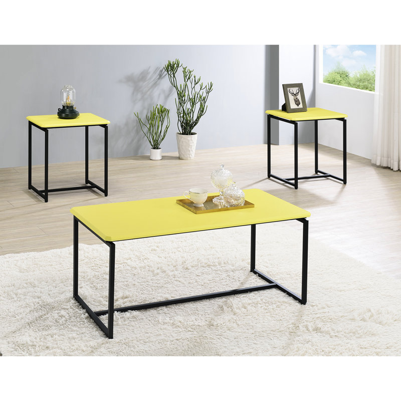 Tables jaunes enveloppées en fibre de carbone - table basse et 2 tables de bout, coins inclinés 3 pièces avec table, plateaux, coins, bords biseautés