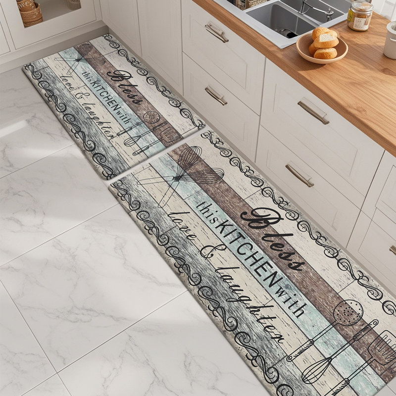 Tapis de cuisine antidérapant et antidérapant (ensemble de 2), Bleu sarcelle/brun/beige