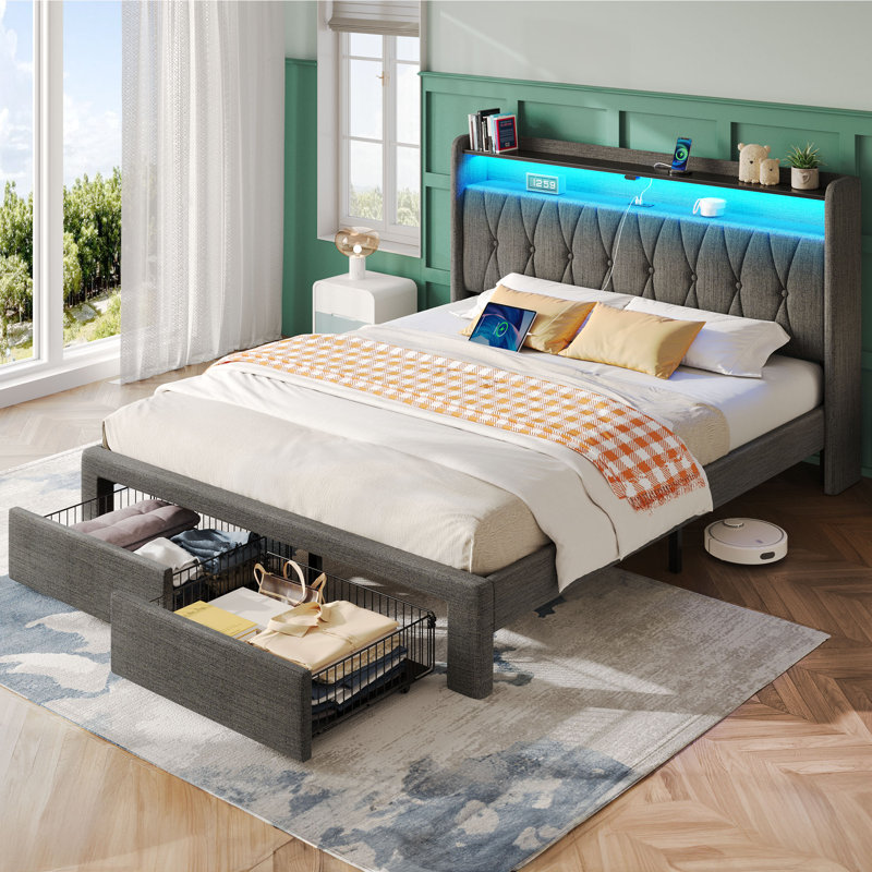 Bed Frame with RGB LED Lights, Upholstered Bed with Drawers and Charging Station, Beige, Full/Double