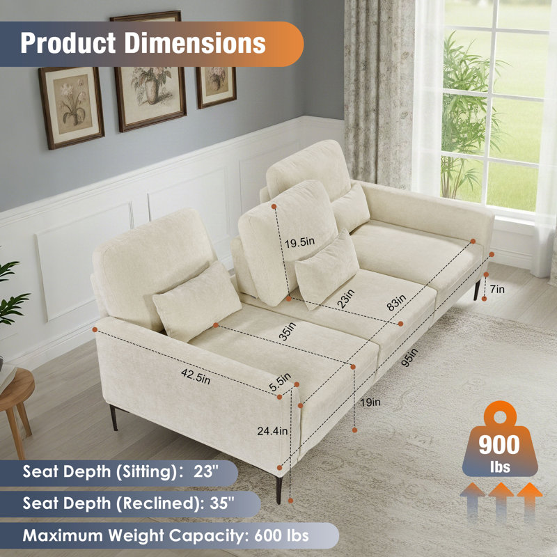 96"W Dinardi upholstered Sofa With Adjustable Backrest, 96"W, 3, Beige