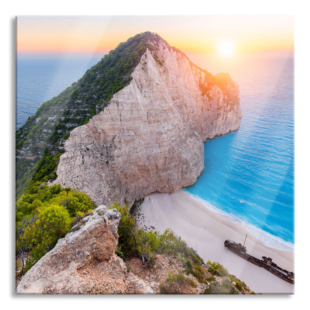 Glasbild Quadratisch  Wandbild Auf Echtglas  Nagio Strand Im Sonnenuntergang  Aufhängung Und Abstandshalter LQ9776