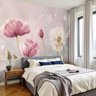 Floral Peel and Stick Wallpaper Dreamlike Pink Cream Wildflowers Dandelion Wall Murals 100"H x 144"W Removable PVC Wall Paper Self-Adhesive Wall Decor for Bedroom Living Room Home Office