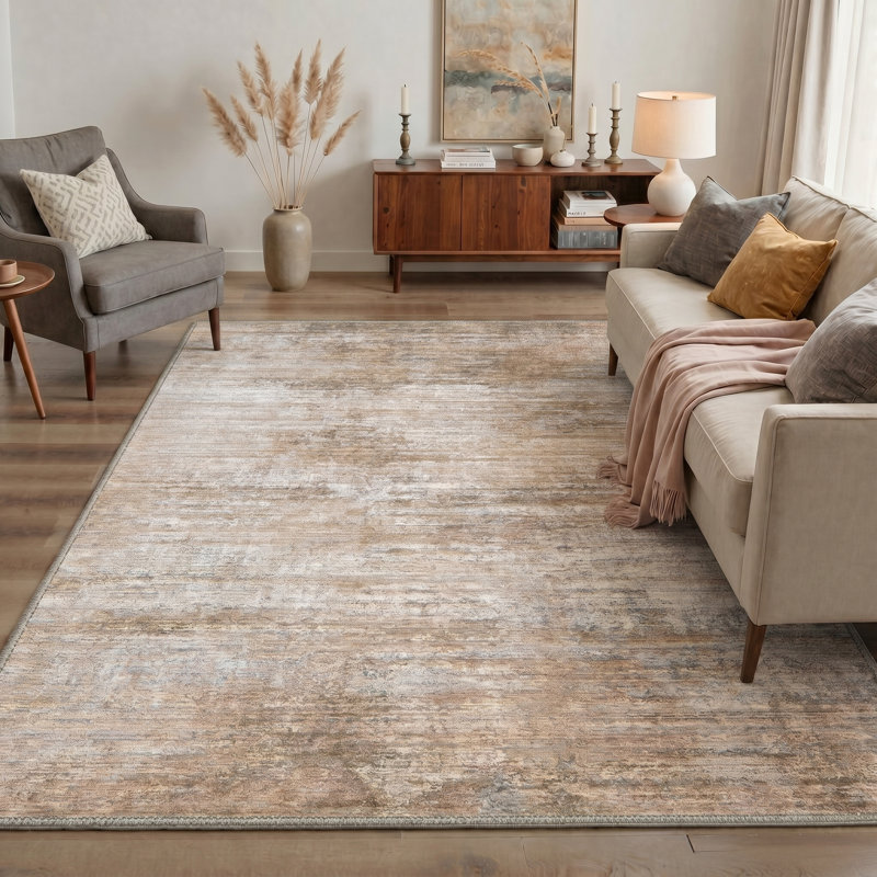 Arteo Abstract Machine Washable Brown / White / Orange Indoor Area Rug with Non-Slip Backing, Rectangle 6' x 9'