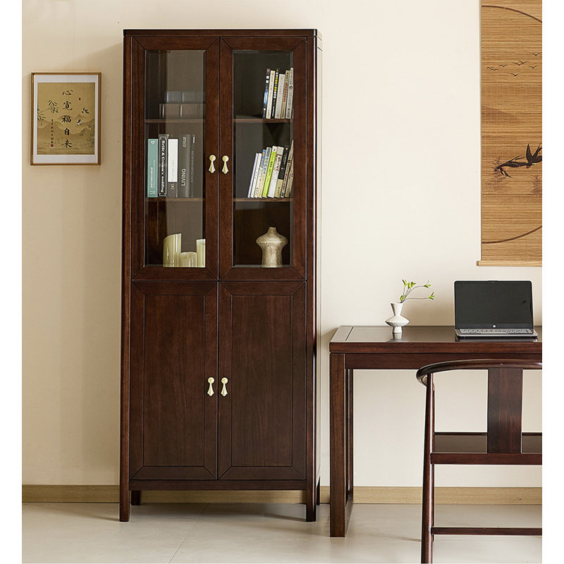 New Chinese-Style Black Walnut Wooden Storage Cabinet With Glass Doors And Floor-Standing Bookcase