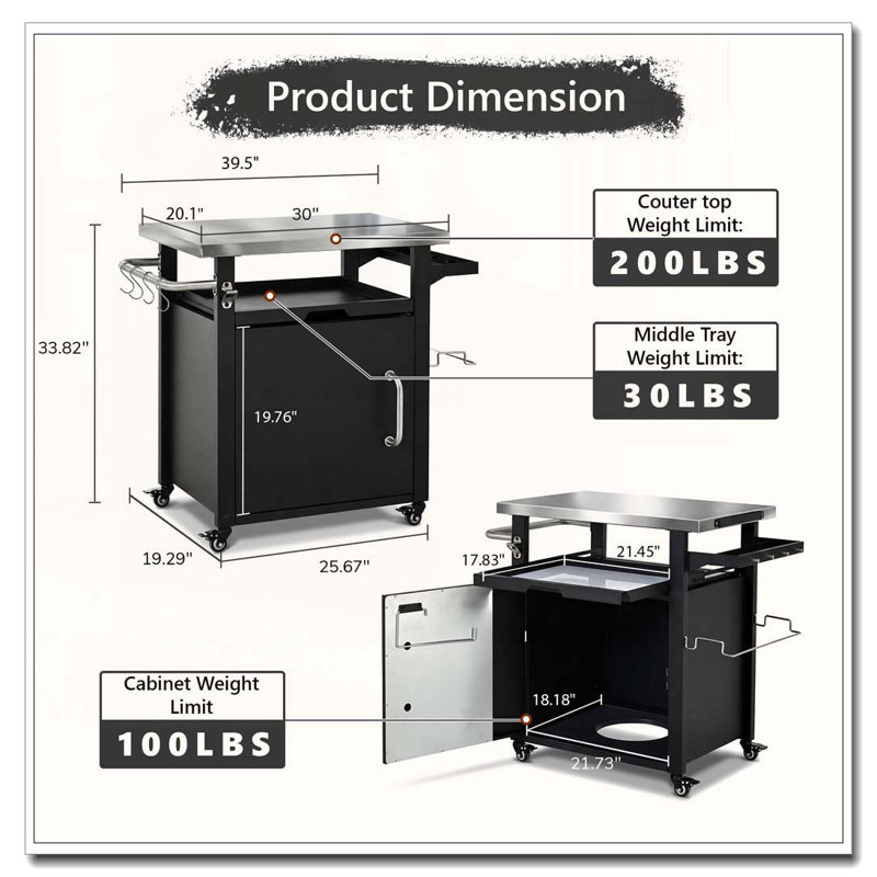 Chariot de barbecue 39,5 po avec tablette coulissante et housse imperméable 39,5 po