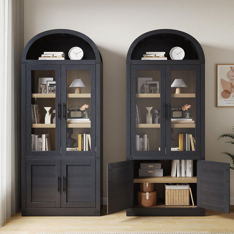 Bibliothèque cintrée de 183 cm (72 po) – 2 portes vitrées, 2 portes en bois, étagères réglables, 22,7 kg (50 lb) par tablette