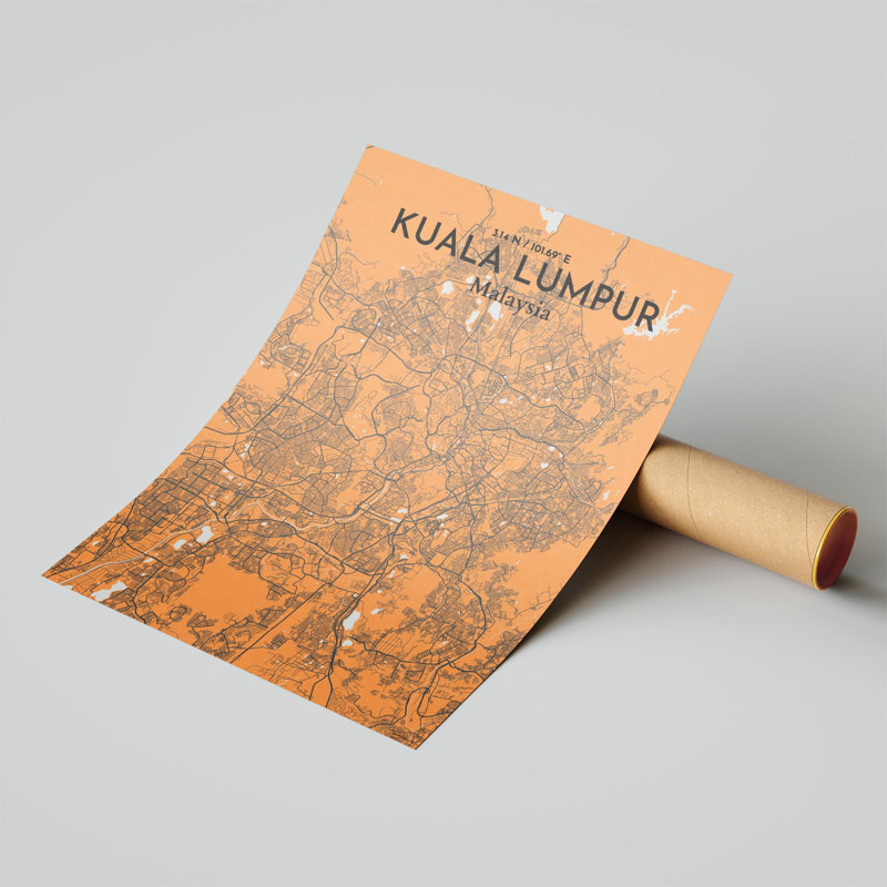 «Kuala Lumpur City Map», impression de luxe, H 24 po x l 18 po, Orange / gris