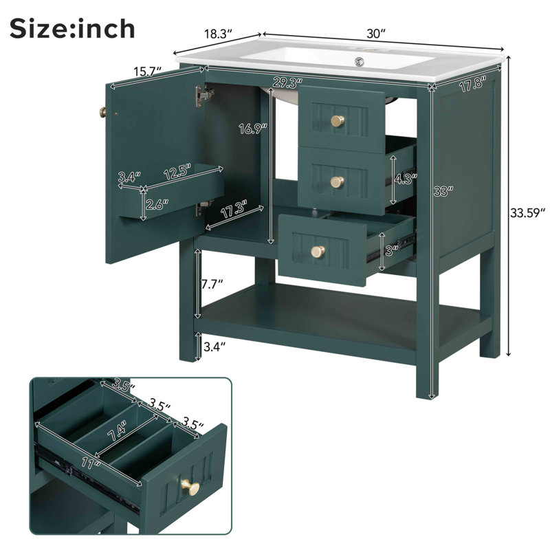 Shinae 30'' Single Bathroom Vanity with Ceramic Top, Green
