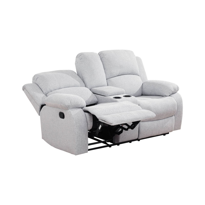 Causeuse inclinable manuelle en mélange de lin gris et argent avec console centrale, Mélange de lin gris / argent