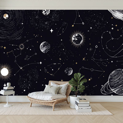 Papier peint adhésif auto-adhésif moderne l 144 "x H 100" pour espace chambre à coucher Étoiles galaxies, planètes, planètes, nébuleuse extérieure, peinture voie