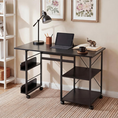 Bureau pliant avec tablette de rangement et roulettes, bureau d'ordinateur pliable de 41 pouces pour le bureau personnel, table d'écriture mobile avec roulettes verrouillables, station de travail pliante peu encombrante
