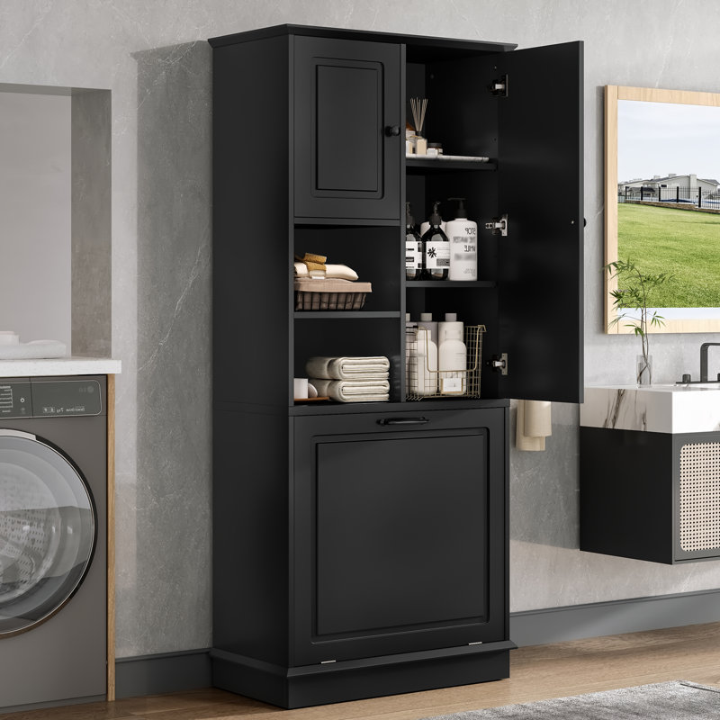 Freestanding Bathroom Storage Cabinet with Tilt out Basket,Linen Cabinet, Black