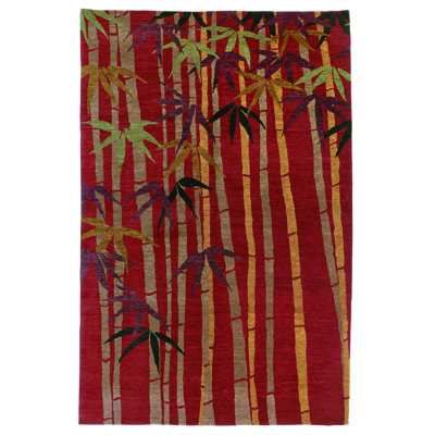 Bamboo Floral Area Rug in Gray/Red