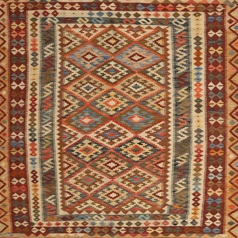 Tapis brun/gris/rouge contemporain, Carré 7 pi