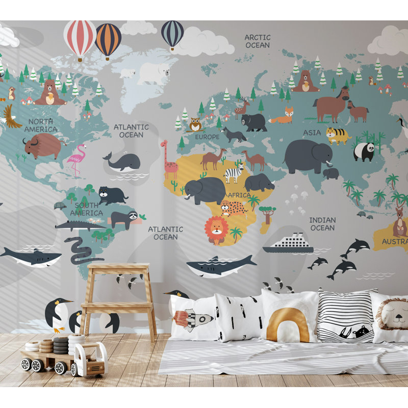 Papier peint mural pour enfants, carte du monde, gris, L 75 po x l 112 po