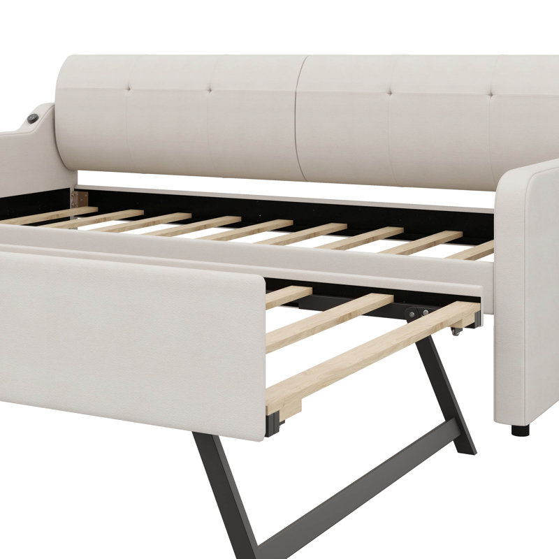Twin Size Padded Daybed With Handy Trundle And USB Charging Ports, Beige