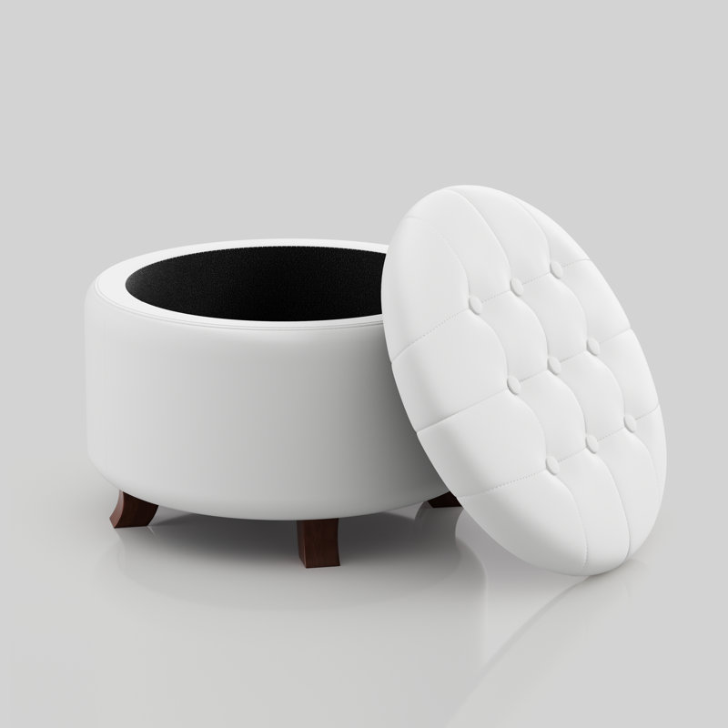 Storage Ottoman With Padded Seat, Modern PU Leather Footrest, Round Stool For Living Room Bedroom, White